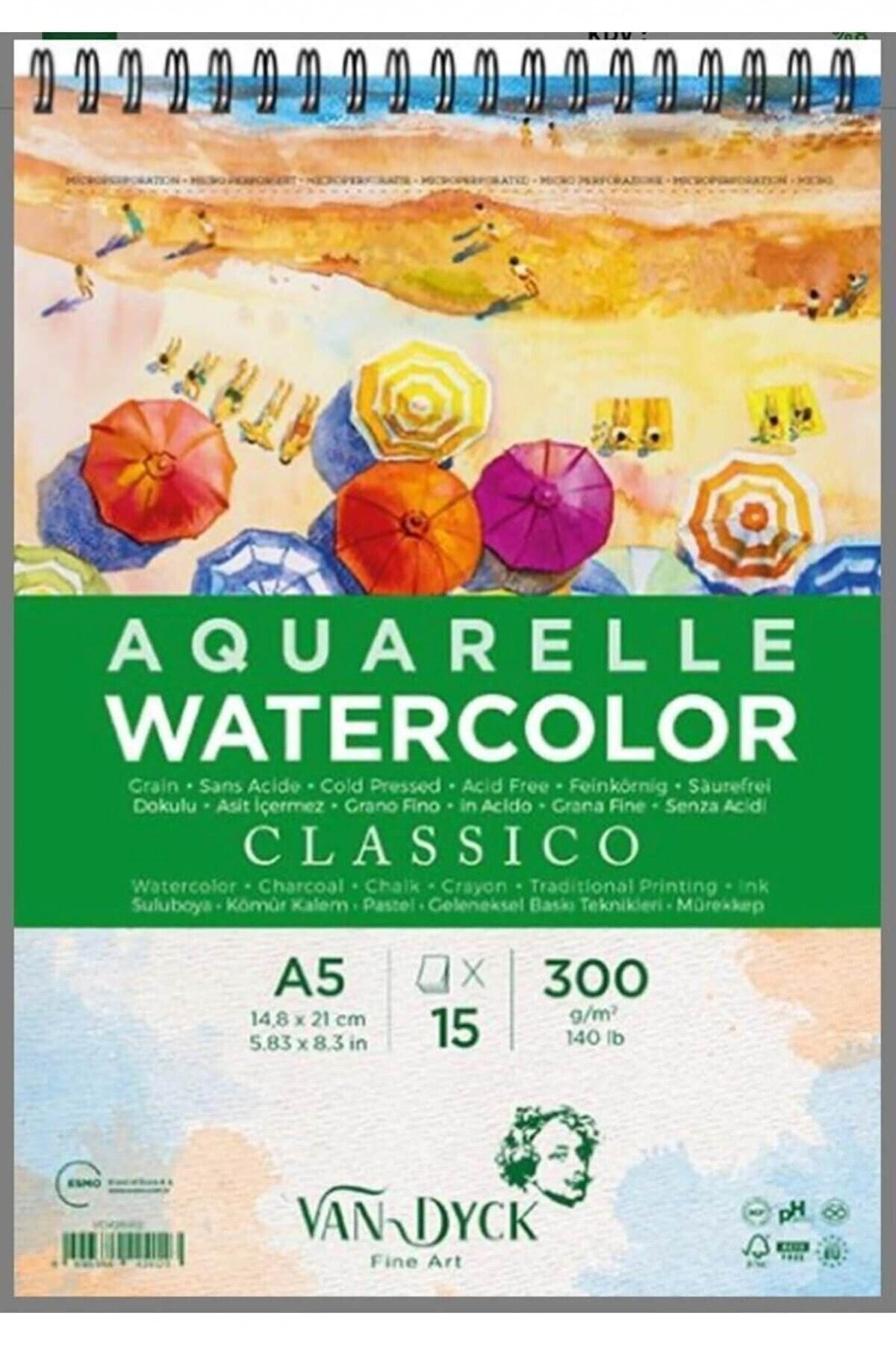 Van Dyck  Classico  Dokulu Coldpress A5 Üstten Spiralli 15yp Suluboya Blok
