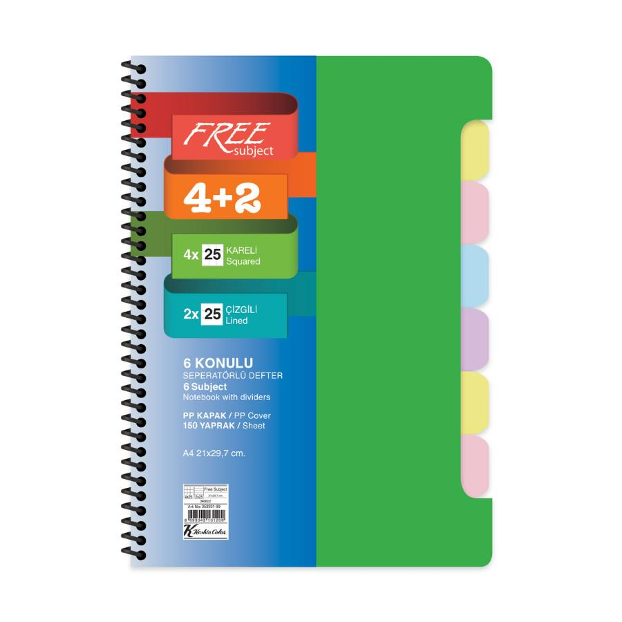 Keskin Color A4 4+2 150 Yaprak Ayraçlı Free Subject Defter