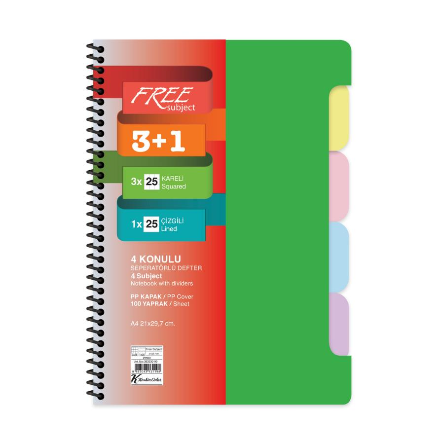 Keskin Color A4 3+1 100 Yaprak Ayraçlı Free Subject Defter