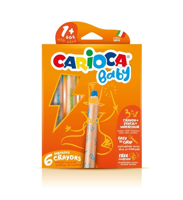 Carioca Jumbo Bebek Ahşap Gövdeli Boya Kalemi 6 Renk Kalemtraş 3in1