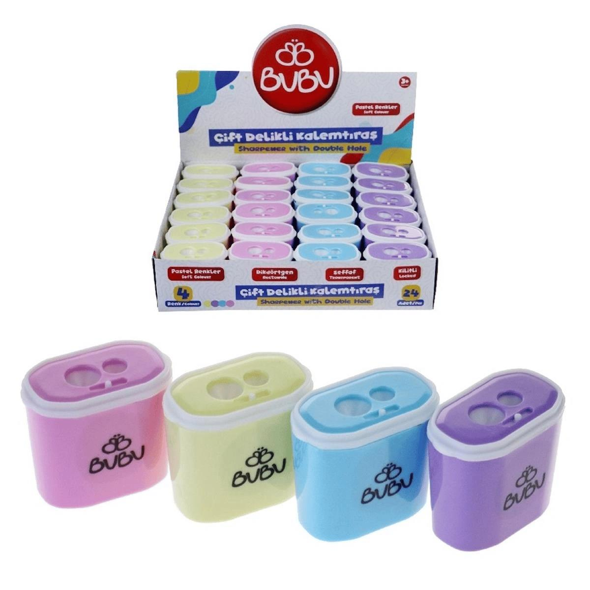 Bu-Bu  Şeffaf Dikdörtgen Kalemtıraş Çift Delikli Kilitli Pastel