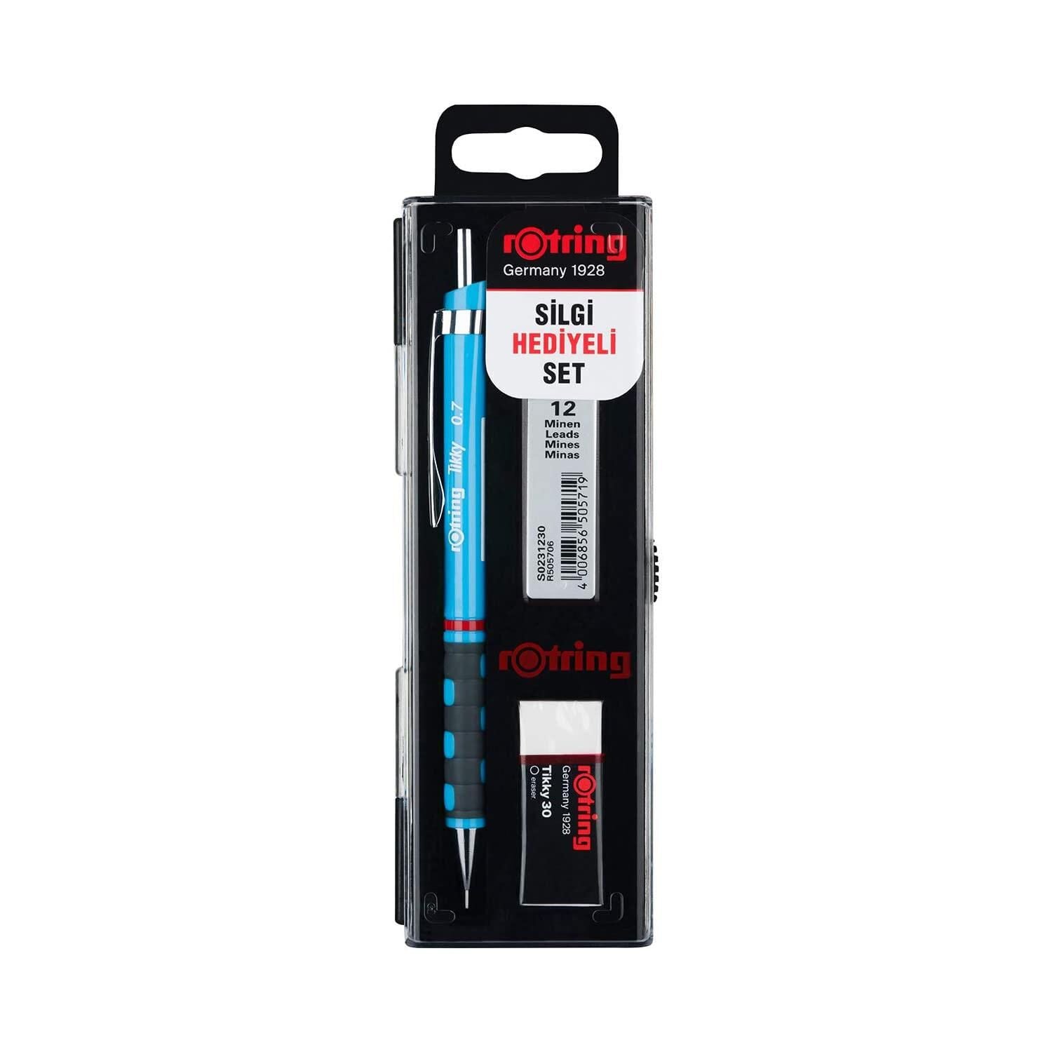 Rotring Tikky 0.7 + Min Silgi Set Açık Mavi